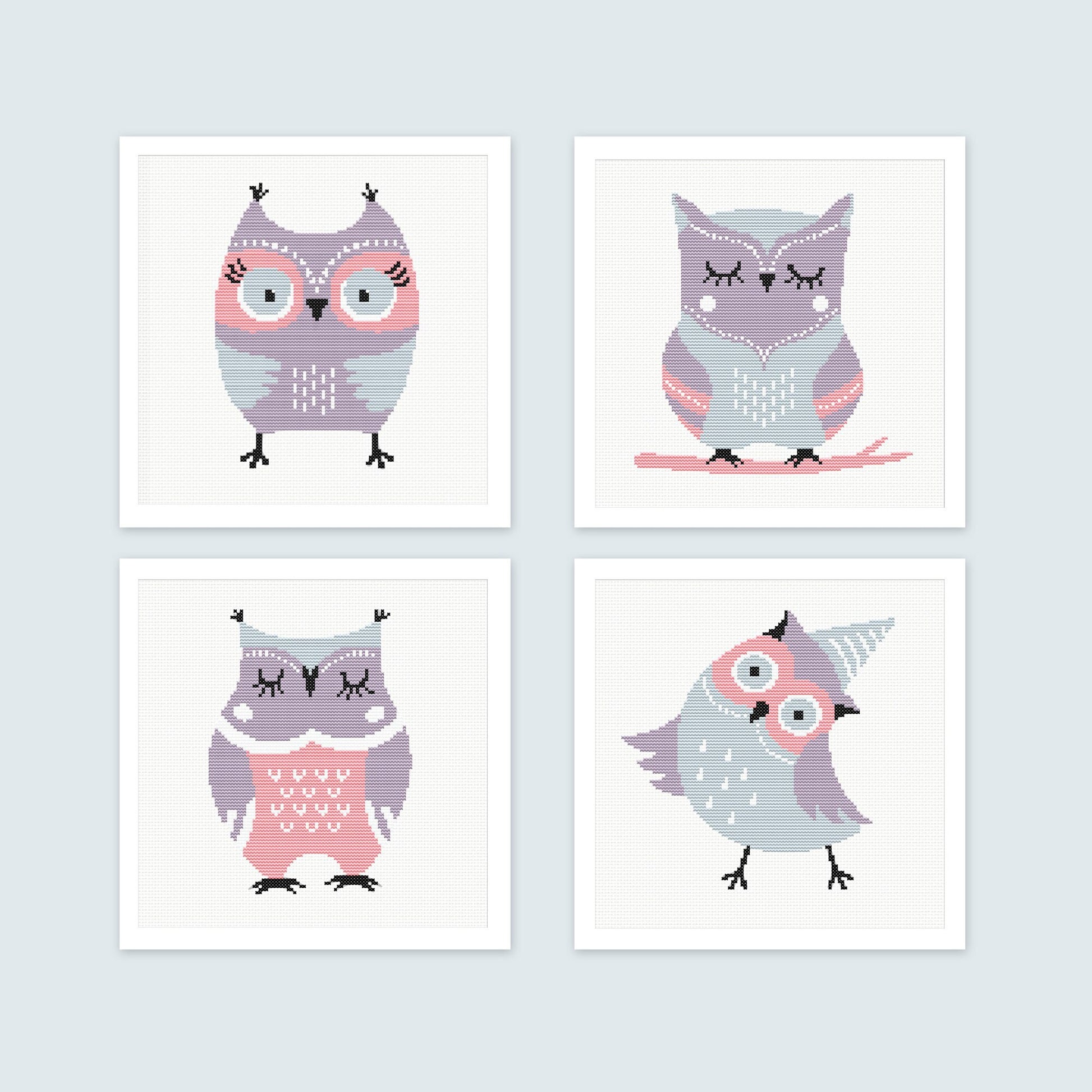 Four cartoon owl illustrations on a light blue background