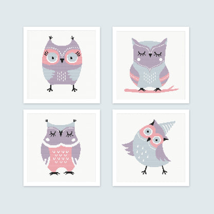 Four cartoon owl illustrations on a light blue background