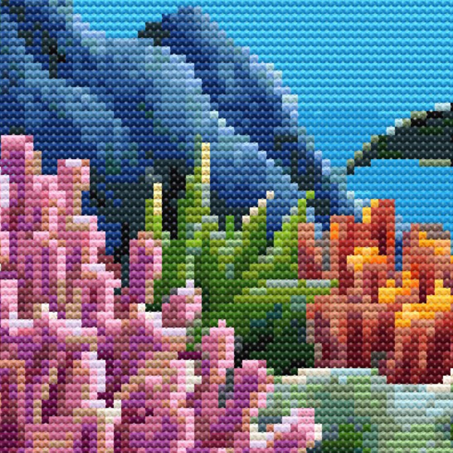Dolphin cross stitch pattern featuring a playful blue dolphin swimming above colourful coral reef flowers in a bright ocean scene.