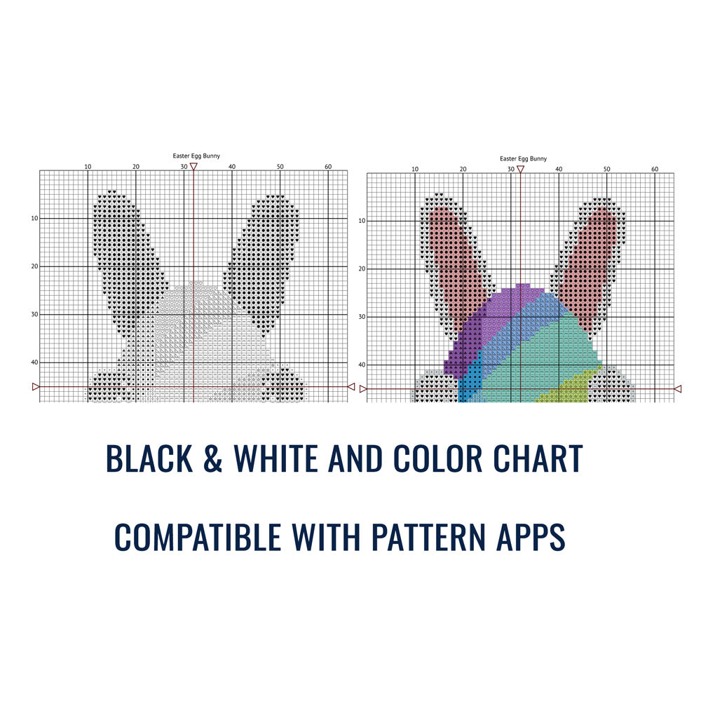 Pattern mockup showing bunny design with size and colour chart preview.