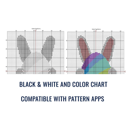 Pattern mockup showing bunny design with size and colour chart preview.