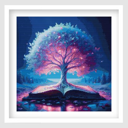 Fantasy tree cross stitch pattern featuring a glowing pink and blue tree growing from an open book, with magical lights, petals and a dark enchanted forest background.