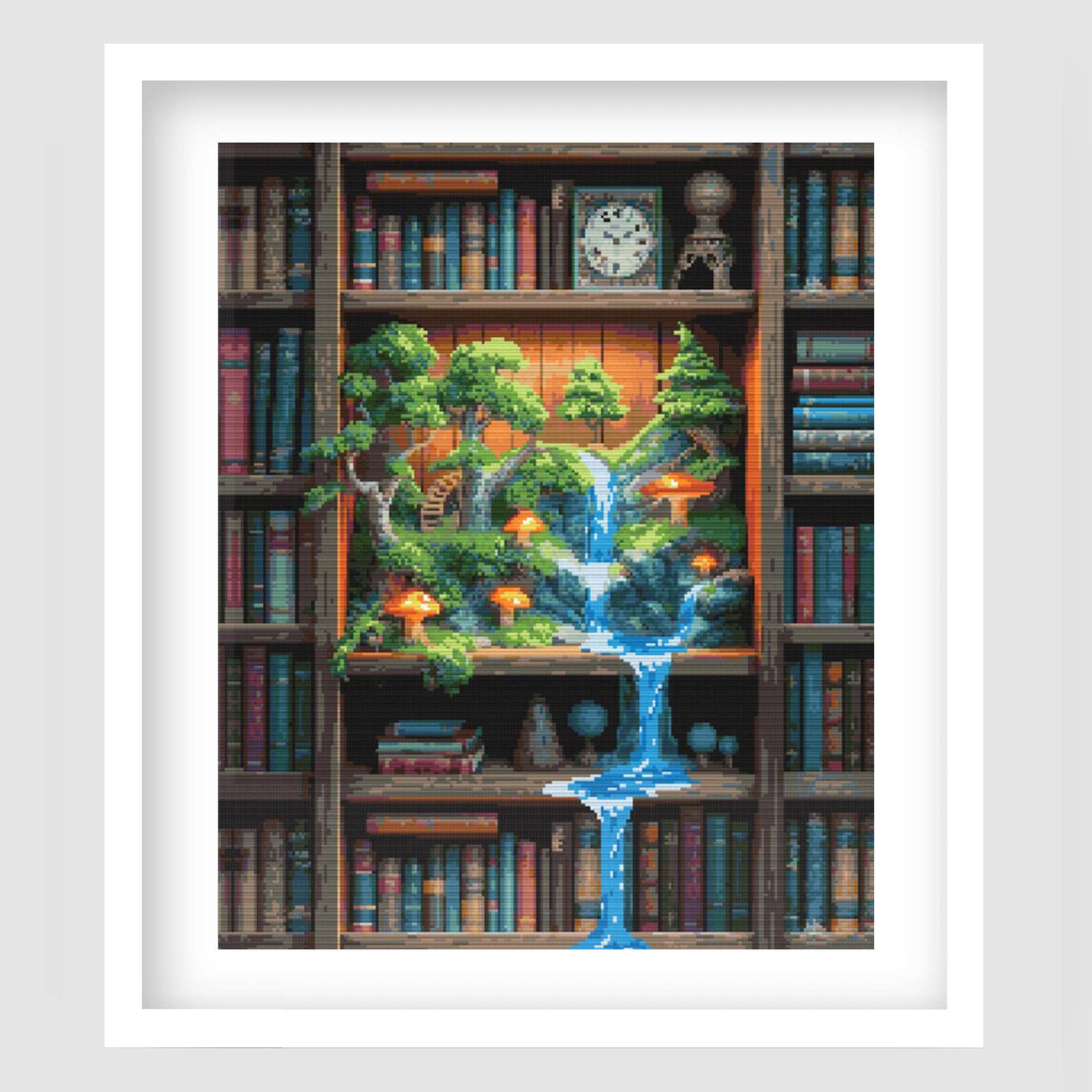 Fantasy bookshelf cross stitch pattern featuring a miniature forest world inside a bookcase, with trees, mushrooms, glowing light, books and a waterfall flowing through the shelves.