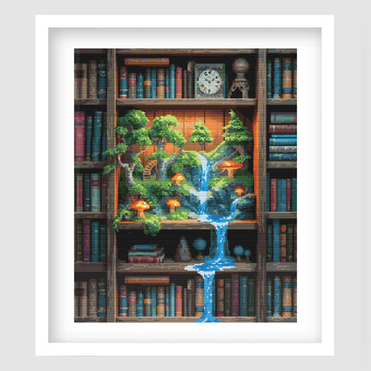 Fantasy bookshelf cross stitch pattern featuring a miniature forest world inside a bookcase, with trees, mushrooms, glowing light, books and a waterfall flowing through the shelves.