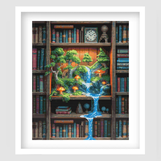 Fantasy bookshelf cross stitch pattern featuring a miniature forest world inside a bookcase, with trees, mushrooms, glowing light, books and a waterfall flowing through the shelves.