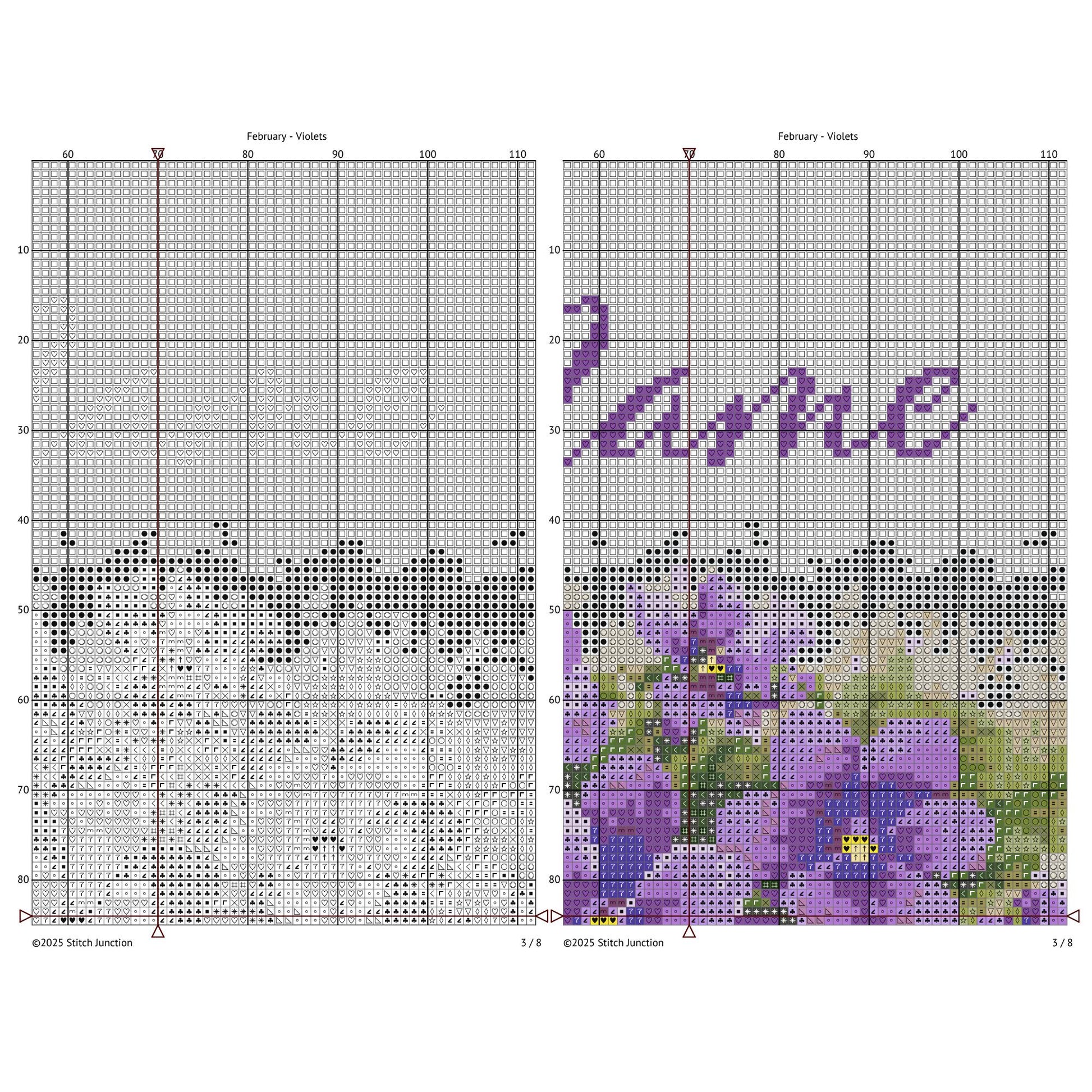 February Birth Flower Cross Stitch Pattern chart preview showing the gridded layout and personalised lettering section.