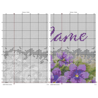 February Birth Flower Cross Stitch Pattern chart preview showing the gridded layout and personalised lettering section.