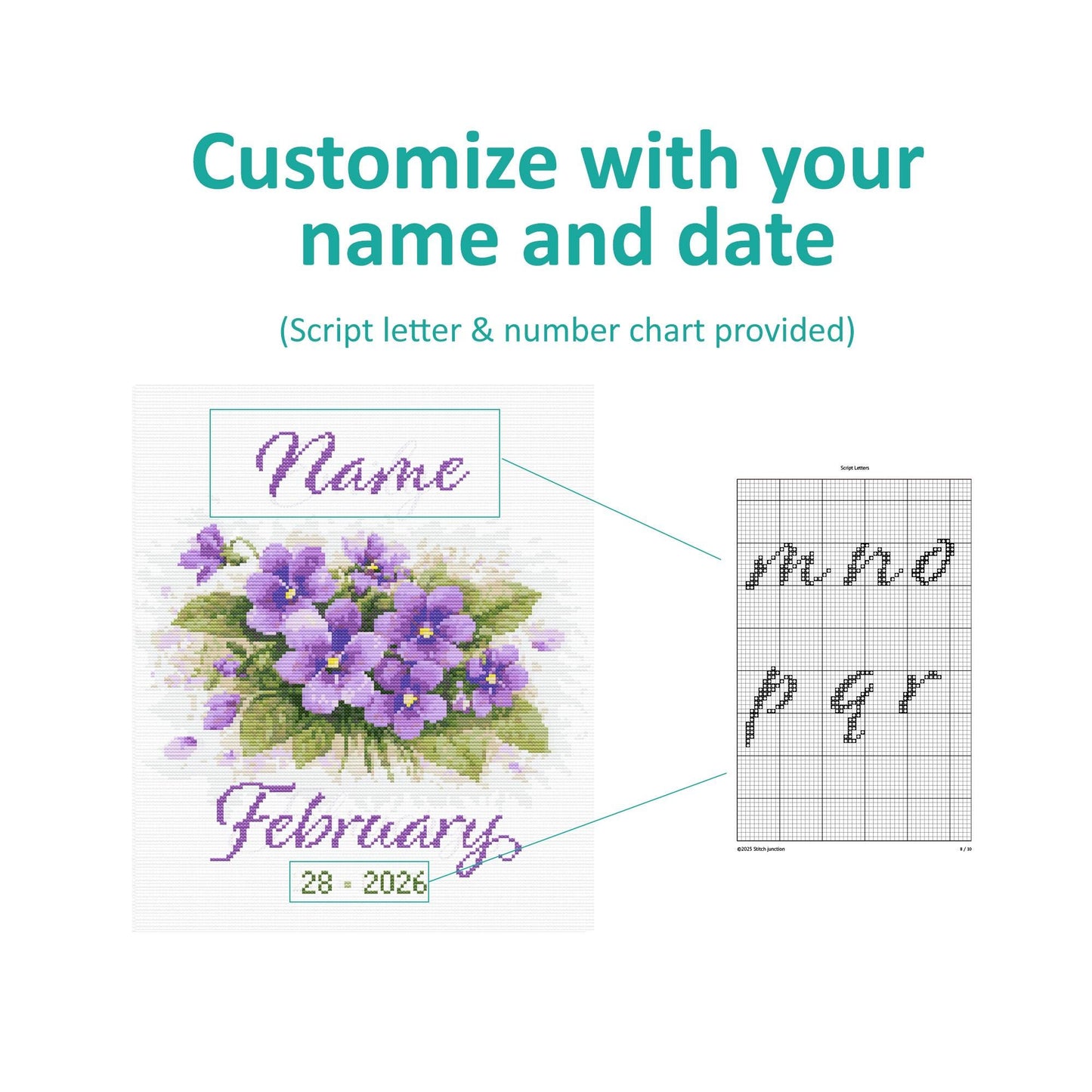 February Birth Flower Cross Stitch Pattern information image showing customisable name and birth date details.