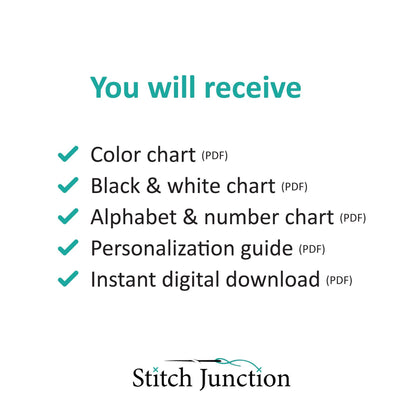 February Birth Flower Cross Stitch Pattern preview showing what is included in the digital PDF download.