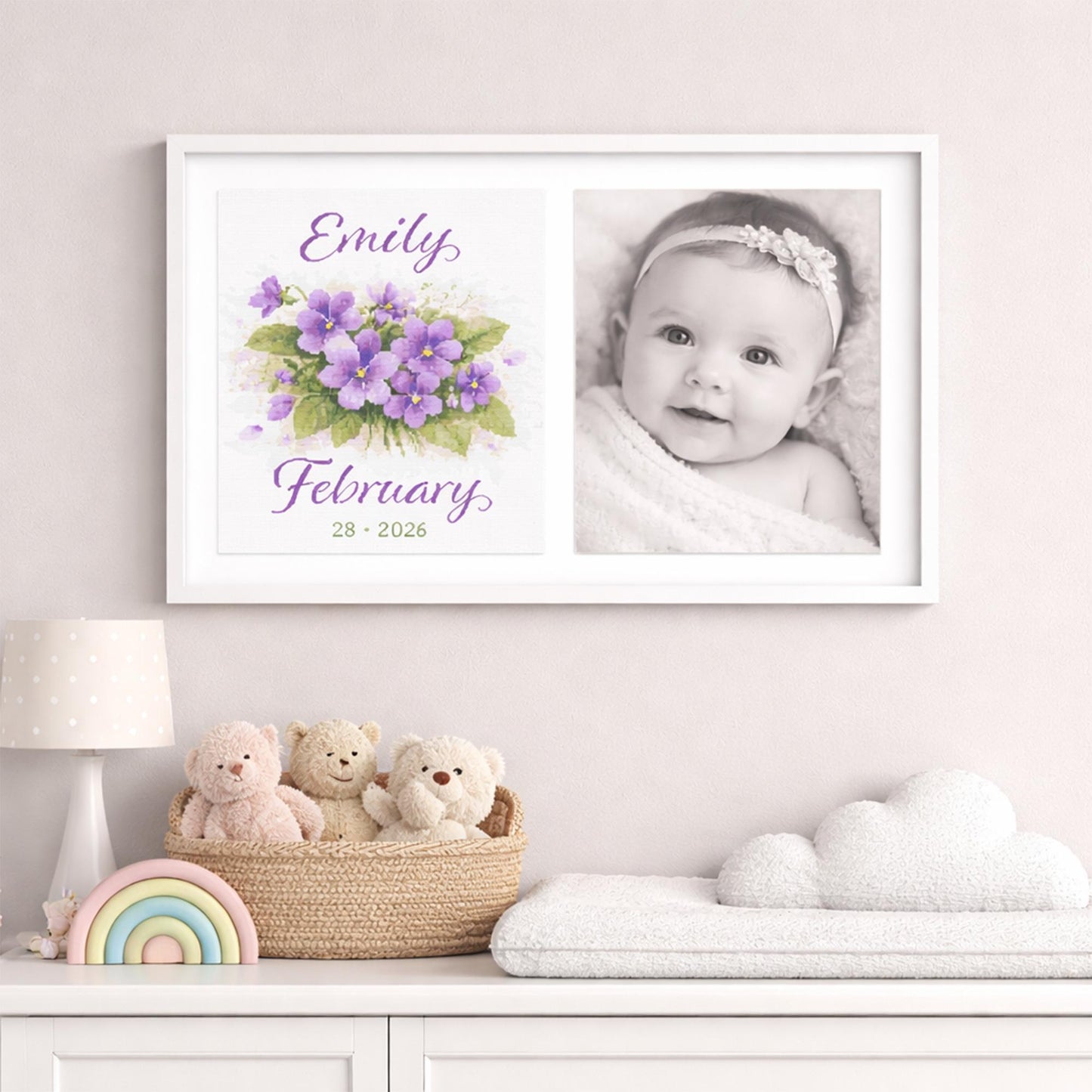 February Birth Flower Cross Stitch Pattern promo image showing the violet design paired with a baby photo option.
