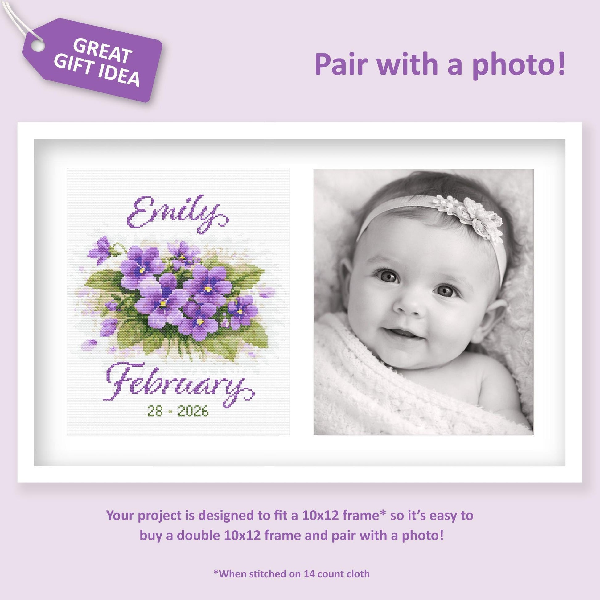 February Birth Flower Cross Stitch Pattern promo image showing the violet design paired with a baby photo option.