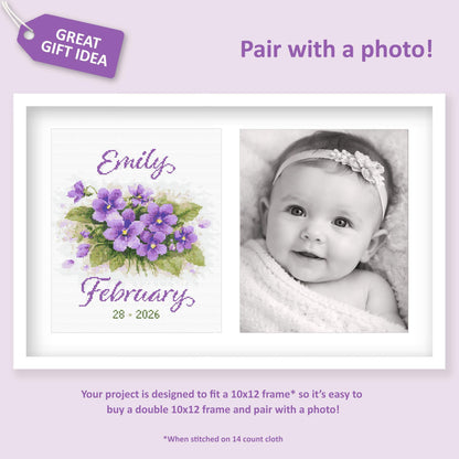 February Birth Flower Cross Stitch Pattern promo image showing the violet design paired with a baby photo option.