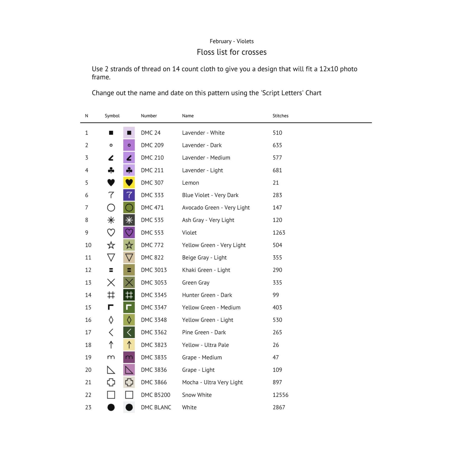 February Birth Flower Cross Stitch Pattern thread list preview showing the colour key and symbols included in the digital PDF pattern.