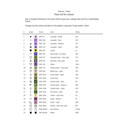 February Birth Flower Cross Stitch Pattern thread list preview showing the colour key and symbols included in the digital PDF pattern.