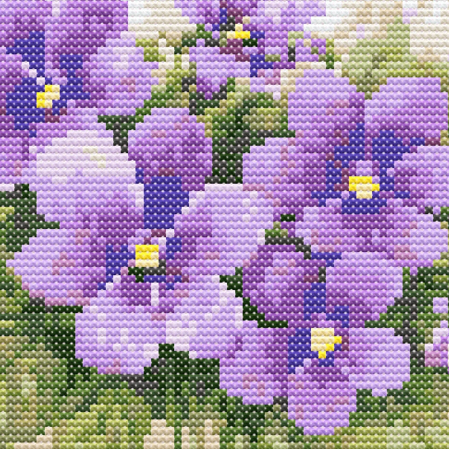 February Birth Flower Cross Stitch Pattern close-up showing delicate purple violets, green leaves and soft floral stitching detail.