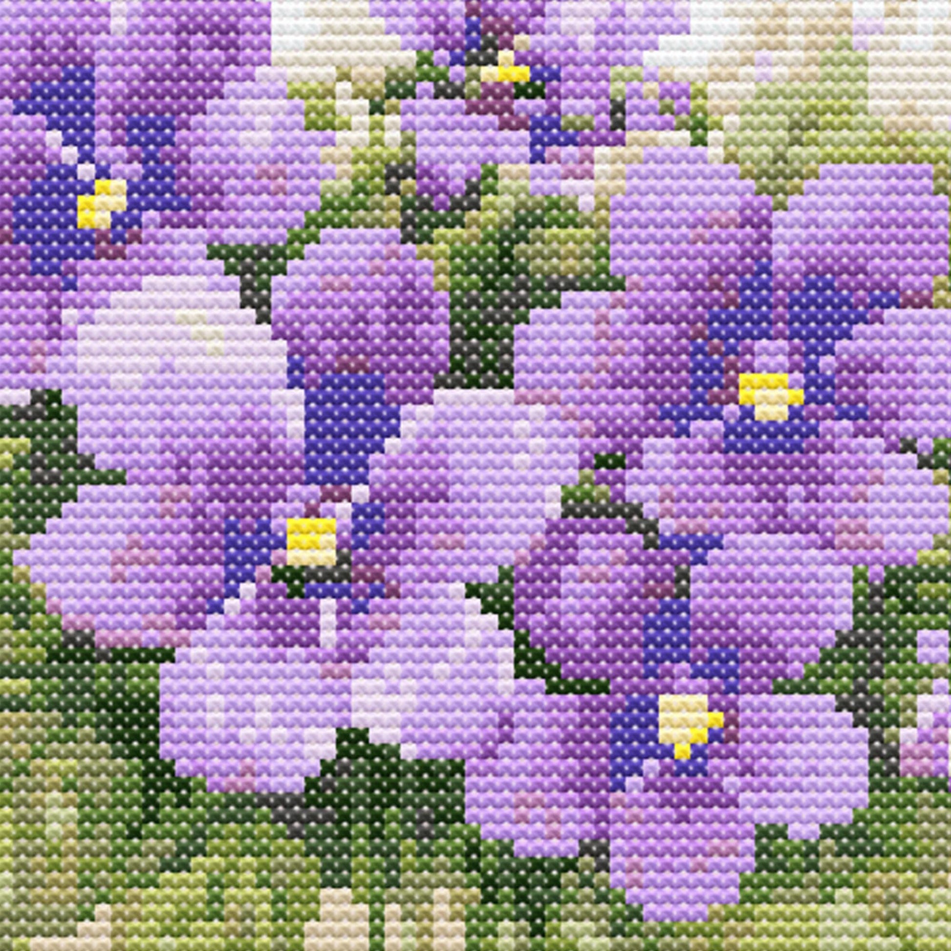 February Birth Flower Cross Stitch Pattern close-up showing delicate purple violets, green leaves and soft floral stitching detail.