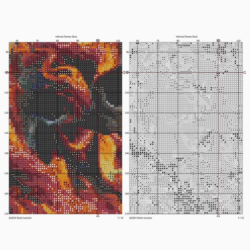 Flaming Skull Cross Stitch Pattern chart preview showing the artwork beside a gridded cross stitch pattern layout for stitching reference.
