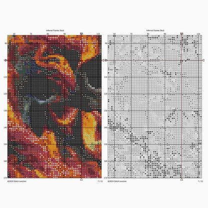 Flaming Skull Cross Stitch Pattern chart preview showing the artwork beside a gridded cross stitch pattern layout for stitching reference.