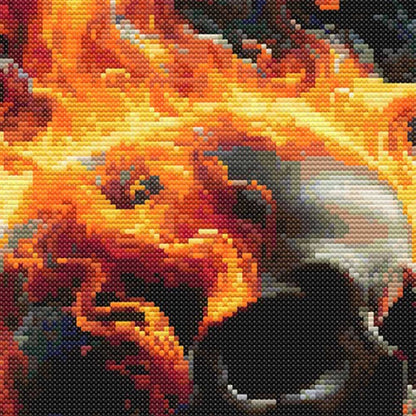 Flaming Skull Cross Stitch Pattern flame detail highlighting intense orange, yellow and red fire tones from the gothic skull design.