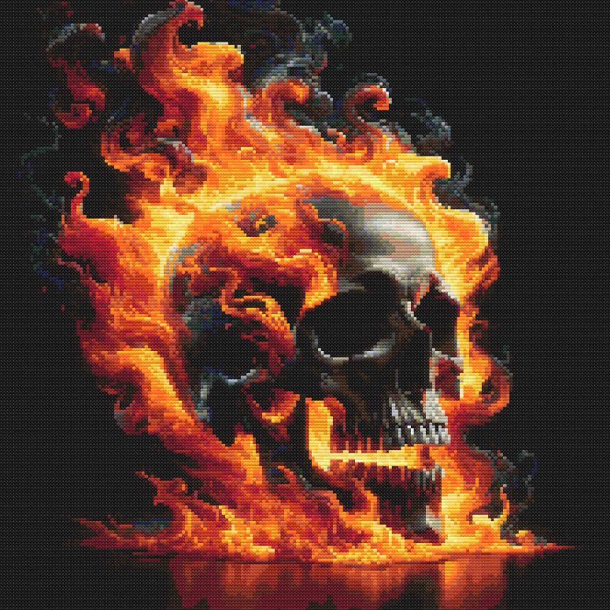Flaming Skull Cross Stitch Pattern full artwork featuring a black skull wrapped in vivid orange flames for gothic and dark fantasy stitchers.