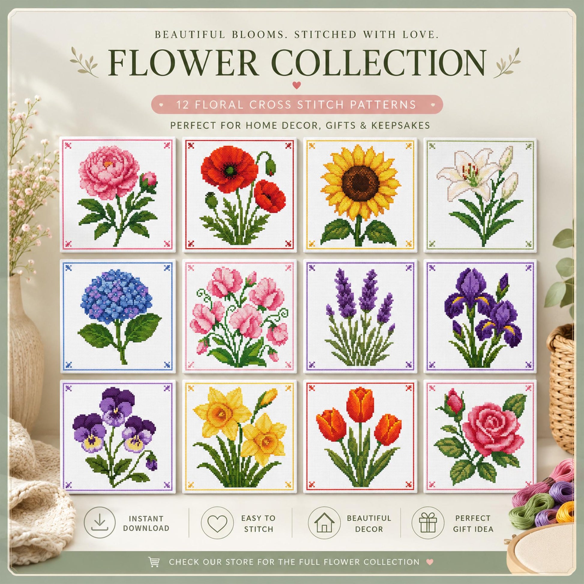 Collection of colourful flower cross stitch patterns by Stitch Junction
