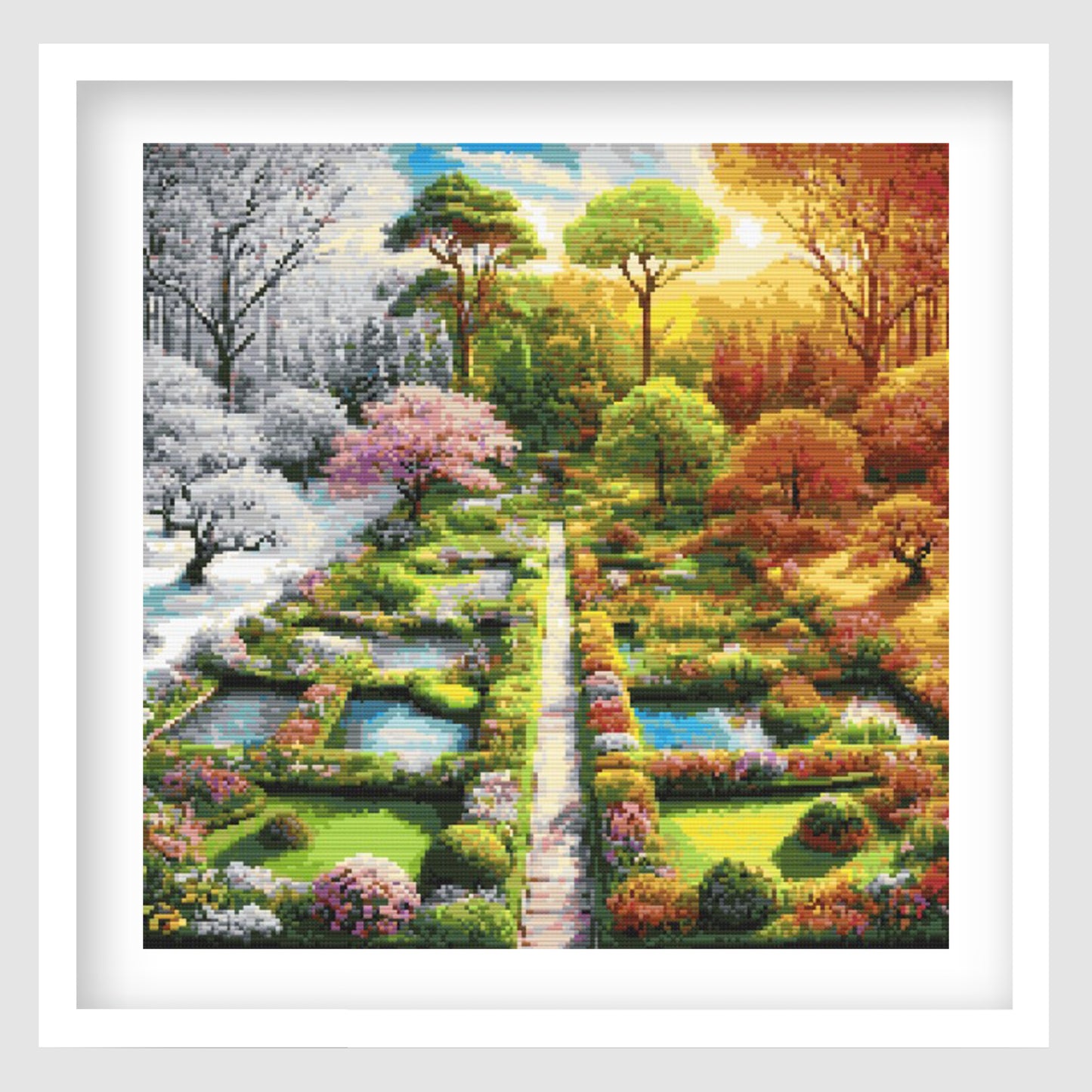 Four seasons garden cross stitch pattern featuring a detailed landscape split into winter, spring, summer and autumn sections with trees, flowers, ponds and a central garden path.