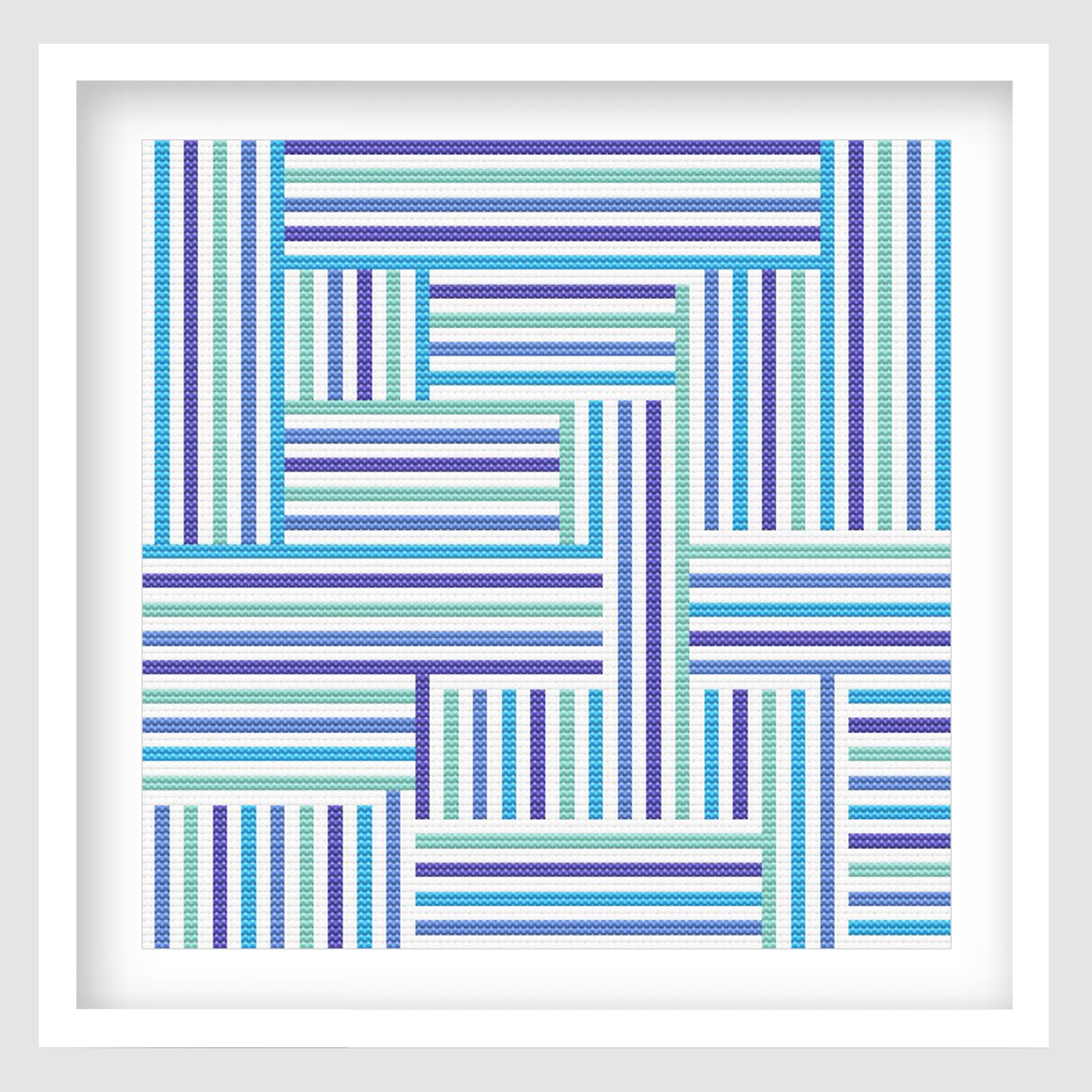 Modern striped cross stitch pattern featuring a geometric block design with blue, teal, mint and purple stitched lines arranged in a bold woven layout.