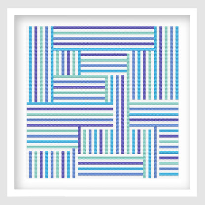 Modern striped cross stitch pattern featuring a geometric block design with blue, teal, mint and purple stitched lines arranged in a bold woven layout.