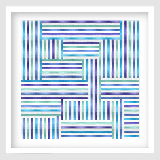 Modern striped cross stitch pattern featuring a geometric block design with blue, teal, mint and purple stitched lines arranged in a bold woven layout.