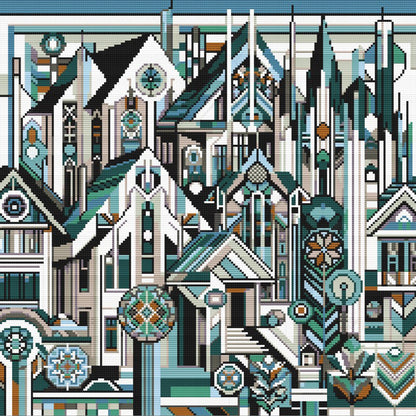 Geometric City Cross Stitch Pattern with abstract buildings, teal accents and modern village architecture design.