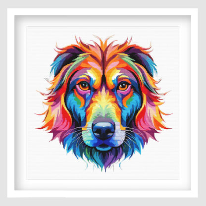 Colourful dog cross stitch pattern featuring a bright rainbow-style dog portrait with bold shades of orange, blue, pink, yellow and purple, designed as a modern pet-themed digital PDF chart.