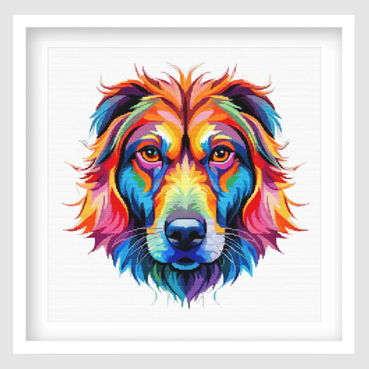 Colourful dog cross stitch pattern featuring a bright rainbow-style dog portrait with bold shades of orange, blue, pink, yellow and purple, designed as a modern pet-themed digital PDF chart.