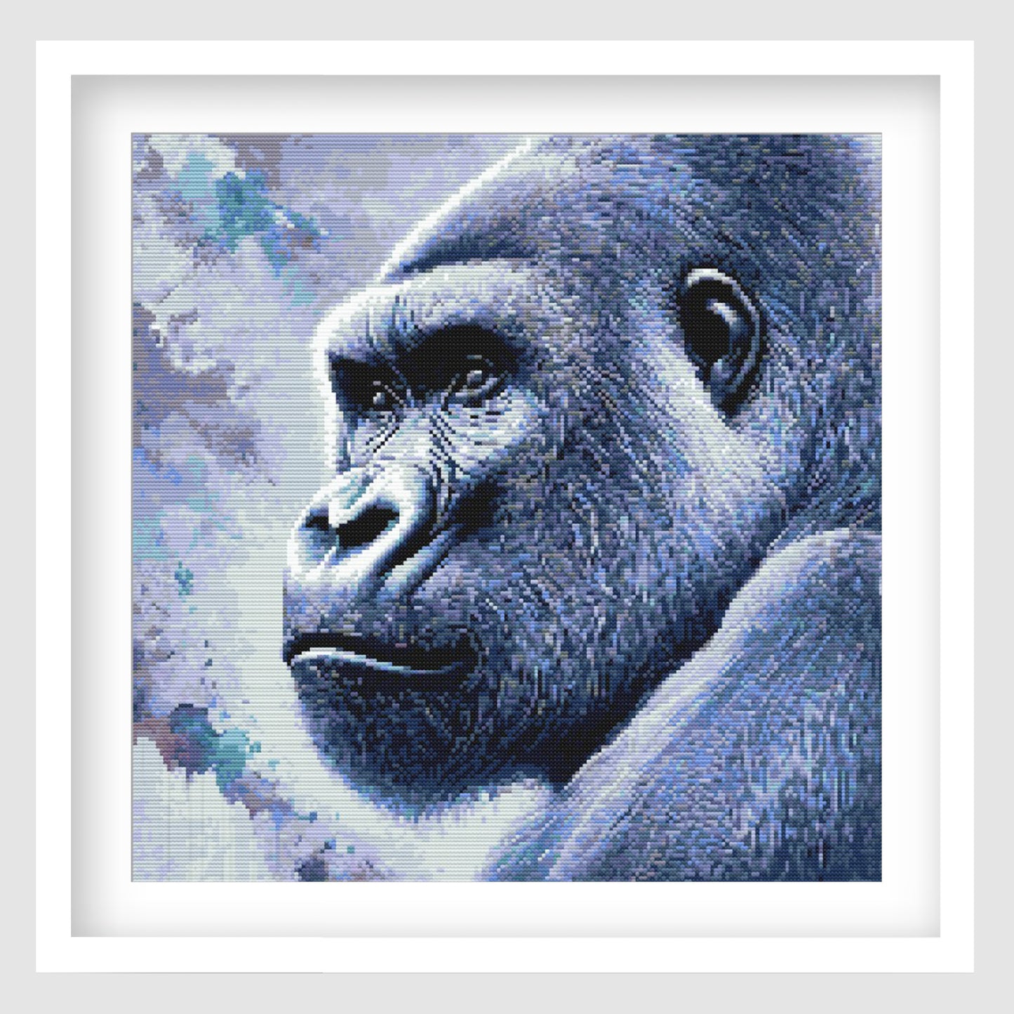 Gorilla cross stitch pattern featuring a detailed blue-toned gorilla portrait with expressive eyes, textured fur and a soft abstract background, designed as a wildlife digital PDF chart.