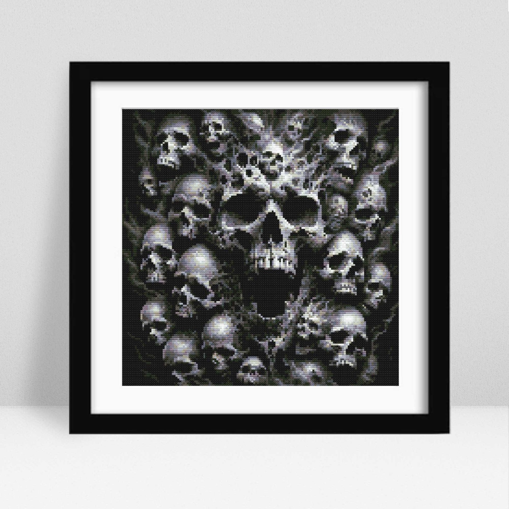 Framed artwork of a skull design on a white background