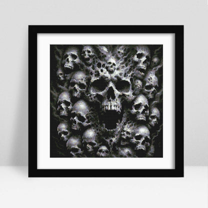 Framed artwork of a skull design on a white background