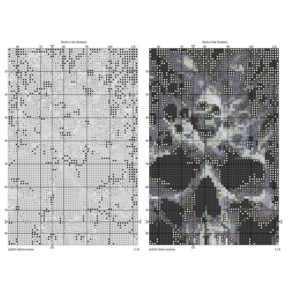 Skull Cross Stitch Pattern chart preview showing colour symbols and black-and-white symbol chart for a dark gothic digital PDF pattern.