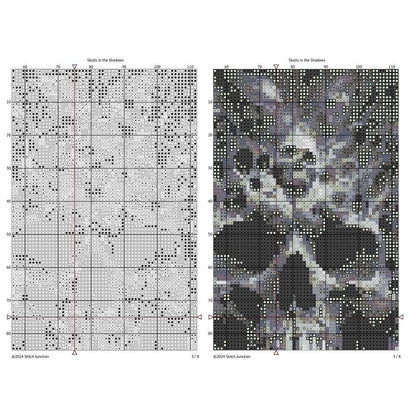 Skull Cross Stitch Pattern chart preview showing colour symbols and black-and-white symbol chart for a dark gothic digital PDF pattern.