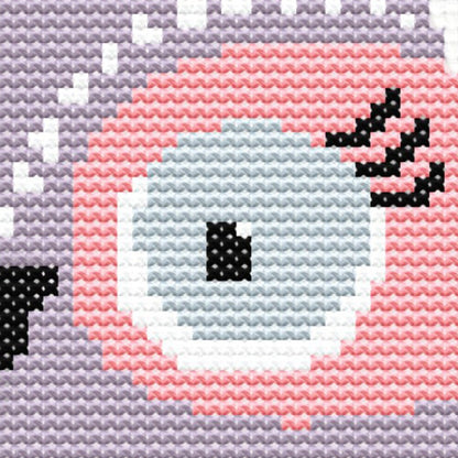 Cute grey owl cross stitch pattern with soft lavender tones and playful woodland character, perfect for modern nursery wall art.