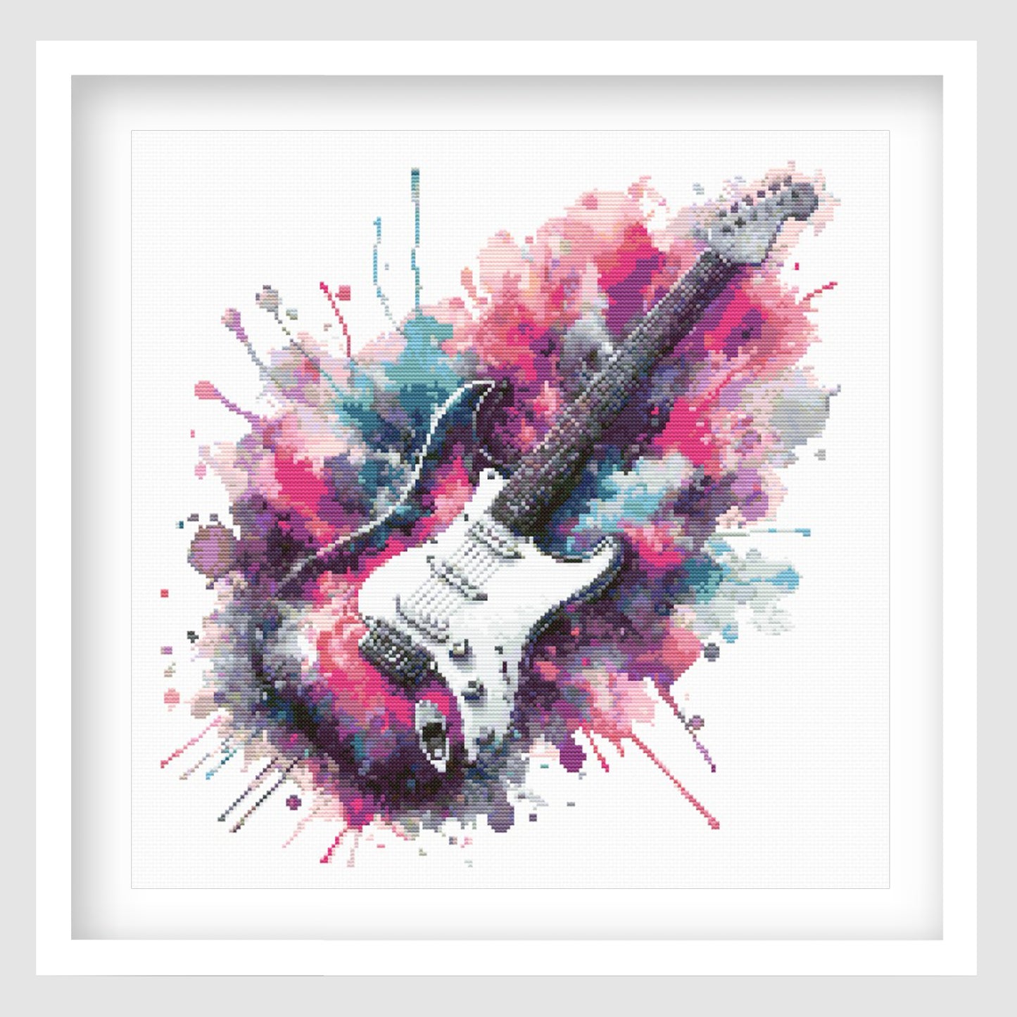 Electric guitar cross stitch pattern featuring a white and black guitar set against bright pink, purple and blue paint splashes in a bold music-inspired design.