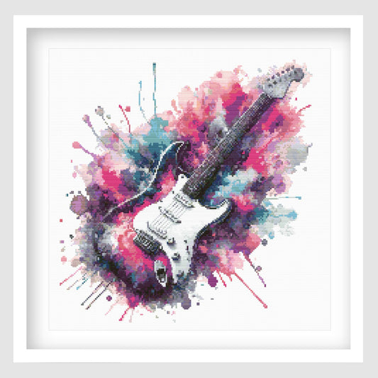 Electric guitar cross stitch pattern featuring a white and black guitar set against bright pink, purple and blue paint splashes in a bold music-inspired design.