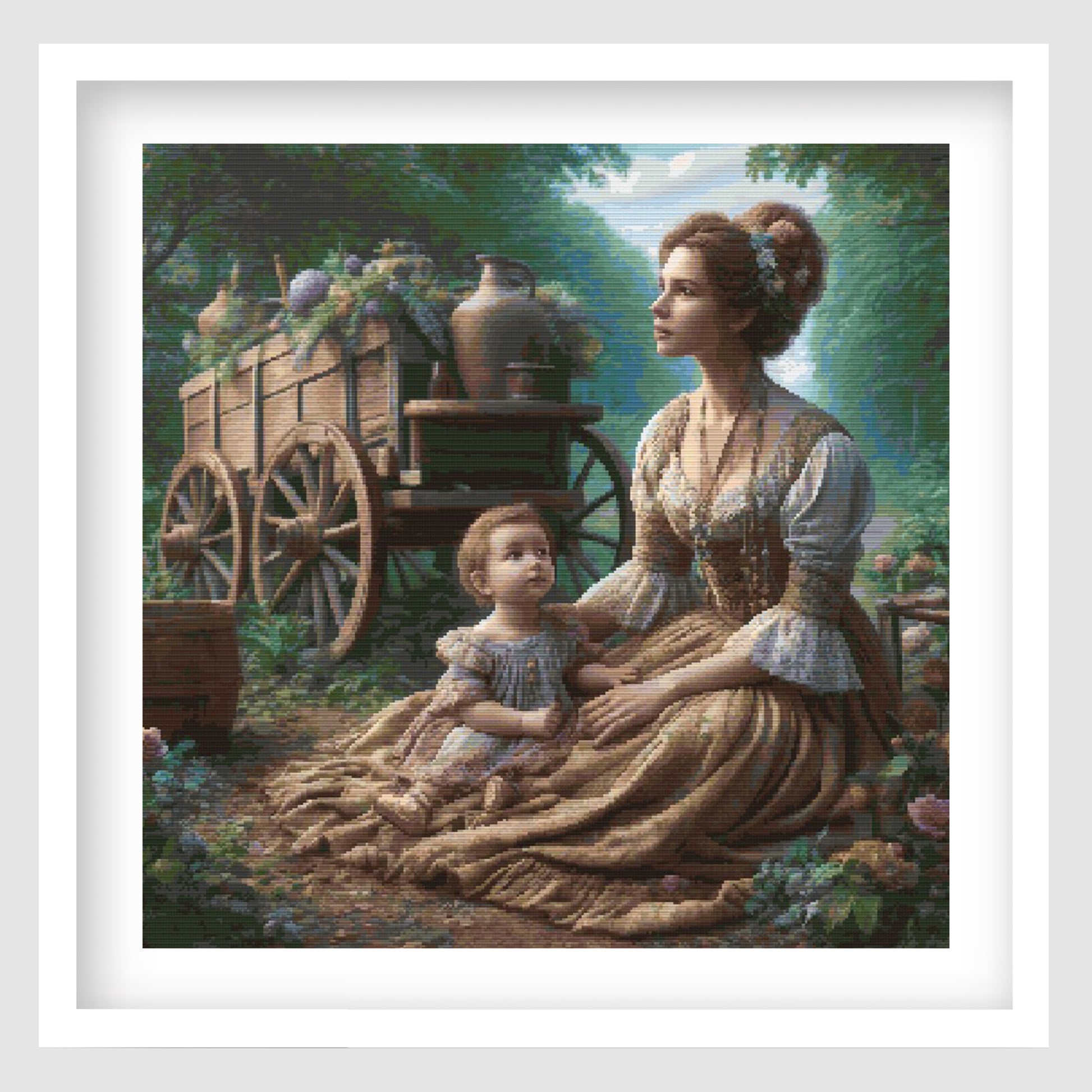 Vintage mother and child cross stitch pattern featuring a woman and young child seated beside a rustic wooden cart, with flowers, soft forest scenery and historical cottage-style details.