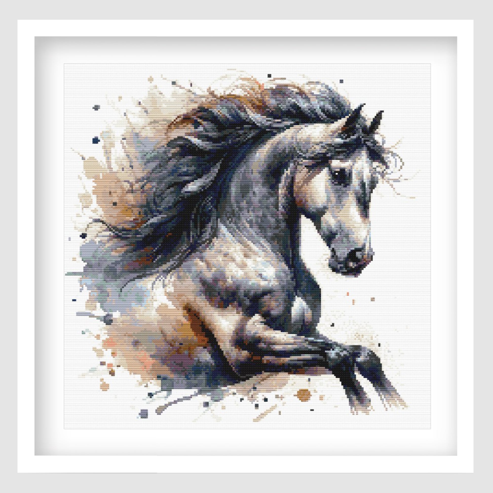 Black horse cross stitch pattern featuring a powerful running horse with a flowing mane, dramatic watercolour-style splashes and detailed shading, designed as an equestrian digital PDF chart.