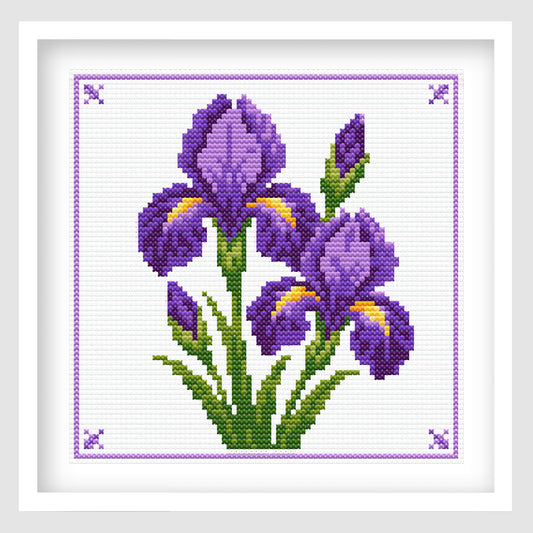 Purple Iris cross stitch pattern - purple floral PDF chart, stitched sample