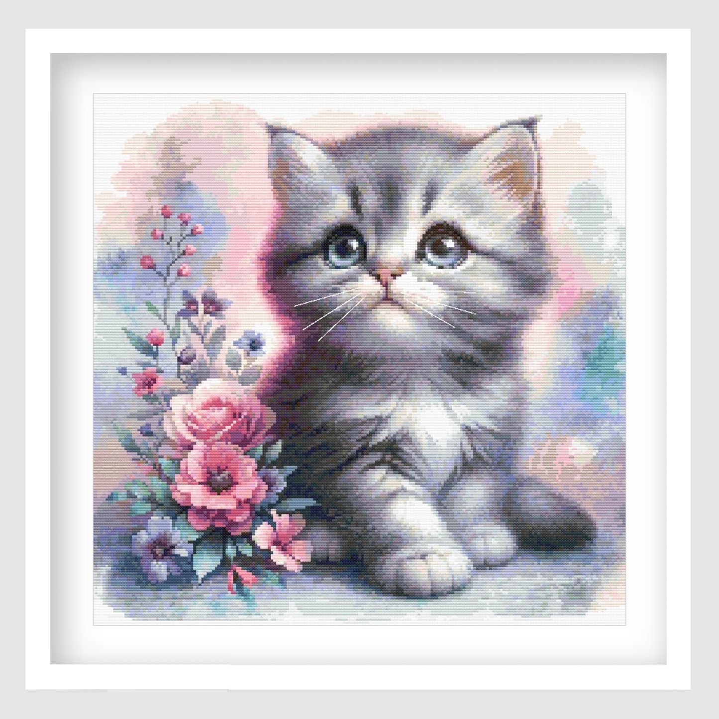 Cute kitten cross stitch pattern featuring a grey and white kitten with blue eyes, soft pastel background and pink floral details.