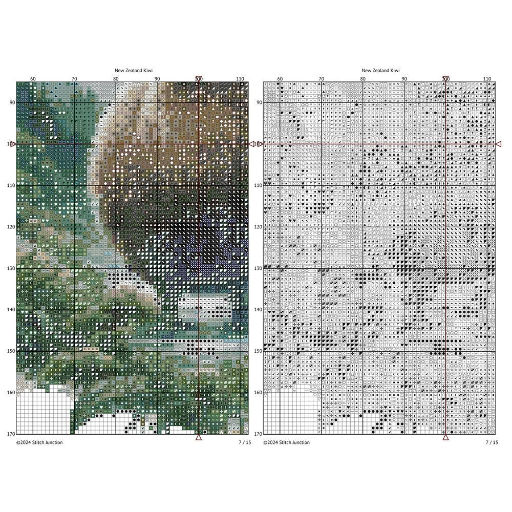 Kiwi Cross Stitch Pattern chart preview showing the gridded stitching layout beside the completed artwork for reference.