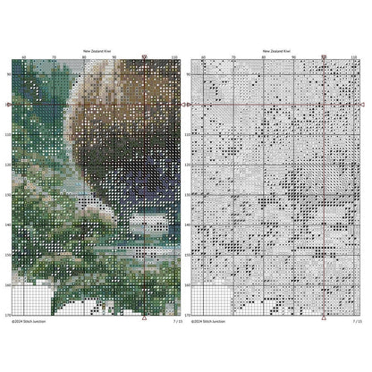 Kiwi Cross Stitch Pattern chart preview showing the gridded stitching layout beside the completed artwork for reference.