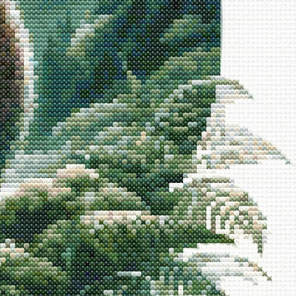Kiwi Cross Stitch Pattern detail highlighting native New Zealand ferns, forest foliage and botanical elements surrounding the kiwi