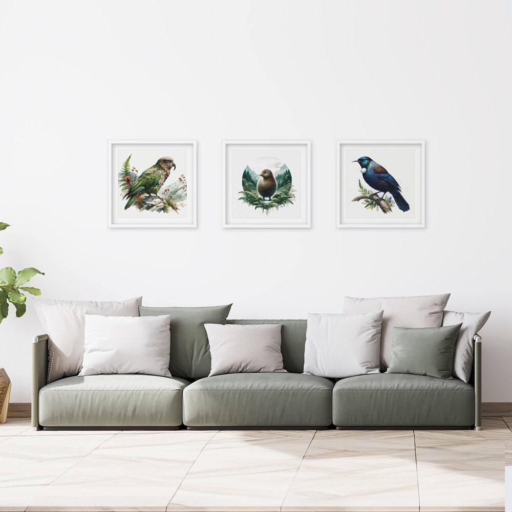 Kiwi Cross Stitch Pattern displayed as framed wall art in a modern living room, styled to show the finished 36 cm artwork in a home setting.