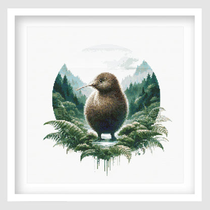 Kiwi Cross Stitch Pattern displayed in a white frame, featuring New Zealand's iconic kiwi bird surrounded by native ferns and lush green foliage.