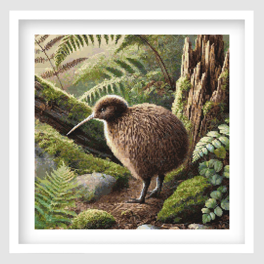 Kiwi cross stitch pattern featuring a brown kiwi bird in a lush New Zealand forest setting, surrounded by mossy logs, ferns and native greenery.